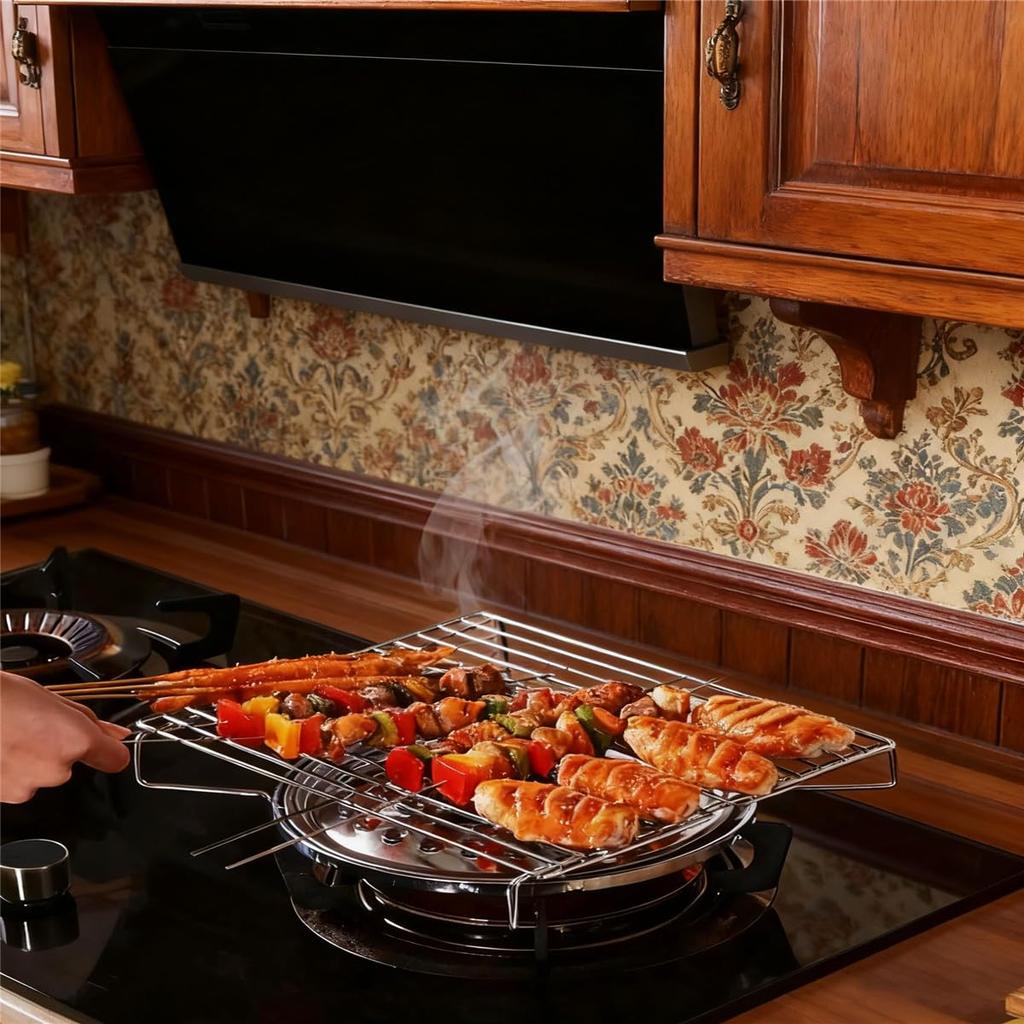 Portable portable barbecue grill for home use. Easy to use on gas stoves and gas cooktops. Compact and easy to store camping grill.