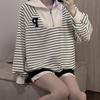 Fall New Korean Style Striped Embroidered Half Zipper Pullover Polo Neck Hoodie Women'S Long Sleeve Top Ins