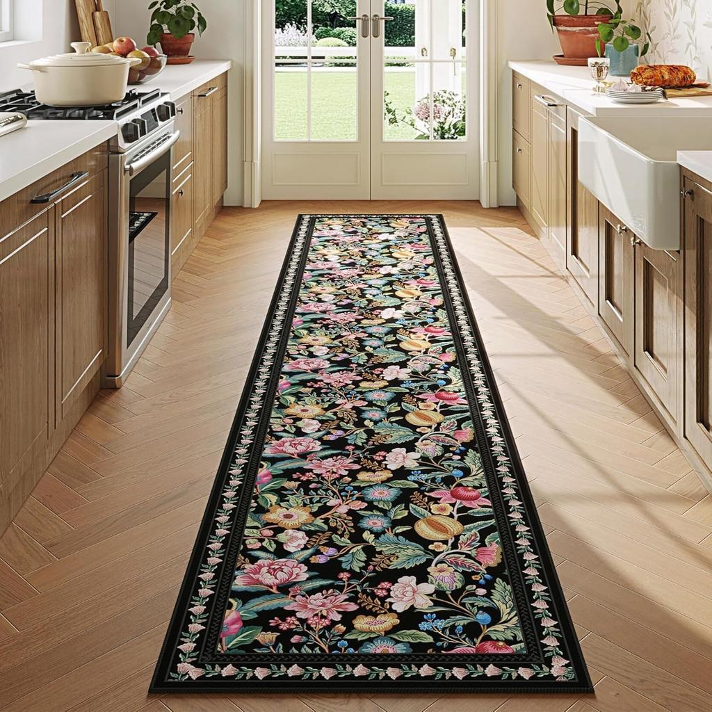Blumenflurläufer Teppich Blume Botanisch Weich Langer Teppich Rutschfest Schlafzimmer Bodenmatte Waschbare Teppiche für Nachttisch Waschküche