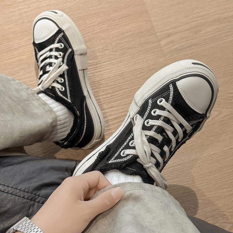 Men'S Vintage Canvas Shoes Arch Support Chunky Platform Height Increasing Black White Streetwear Outdoor Hiking Sneakers
