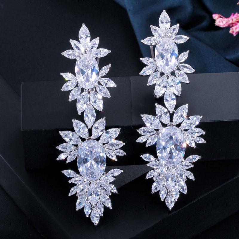 

Ircons Luxurious Clear Cubic Zircon Stone Setting Long Wedding Drop Dangle Earrings with Marquise Shape Zirconia CZ322