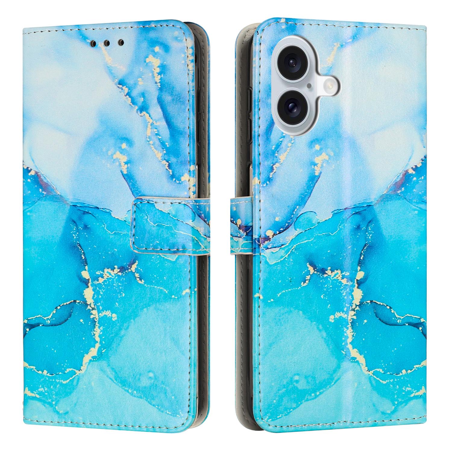 

For iPhone 17 Stand Case Marble Pattern PU Leather Wallet Phone Cover Blue/Green