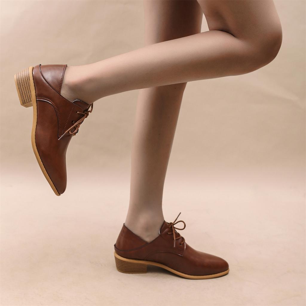 Plus Size Women's Shoes 2025 Spring/Fall New Arrival British Vintage Style Pointed Toe Lace-Up Chunky Heel Low-Top Flats