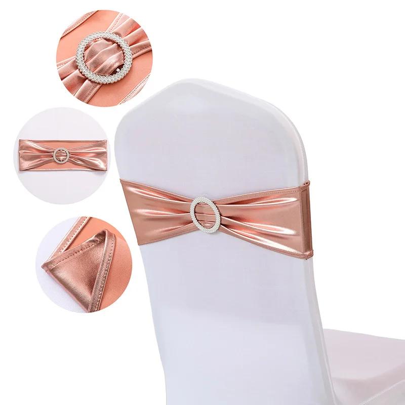 50pcs/Lot Metallic Gold Silver Chair Bands Wedding Chair Decoration Spandex Chair Sashes Bow For Party Event Hotel Banquet Home