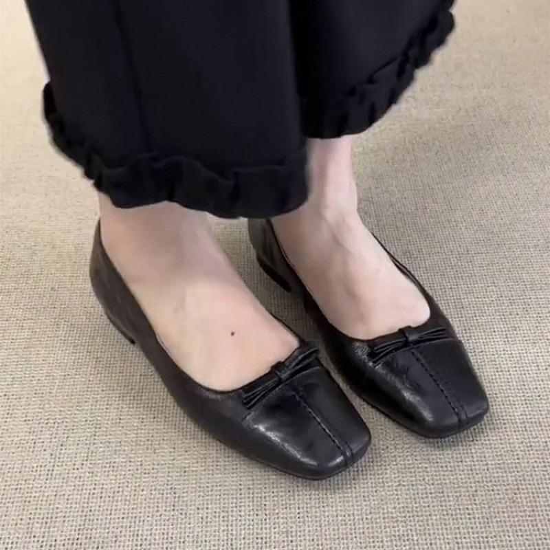 Retro soft leather square head bow single shoes women's Doudou shoes autumn new shallow flat shoes ladyshoes