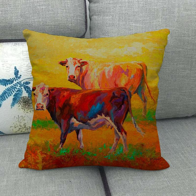 Cow-Themed Color Oil Painting Digital Printing Short Plush Pillow Covers For Car Sofa Office Cushion Cover Home Goods