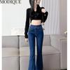 MODIQUE Autumn Plus Size New Women Bell-Bottoms Basics Elastic Pants Full Length Lady High Waisted Casual Long Jeans Female Denim   Trousers
