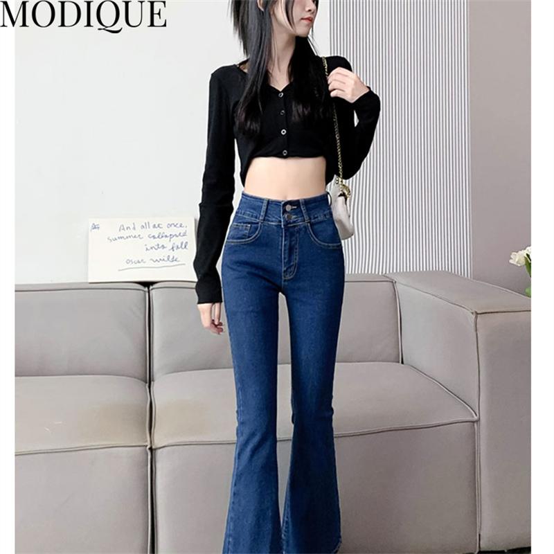 MODIQUE Autumn Plus Size New Women Bell-Bottoms Basics Elastic Pants Full Length Lady High Waisted Casual Long Jeans Female Denim   Trousers
