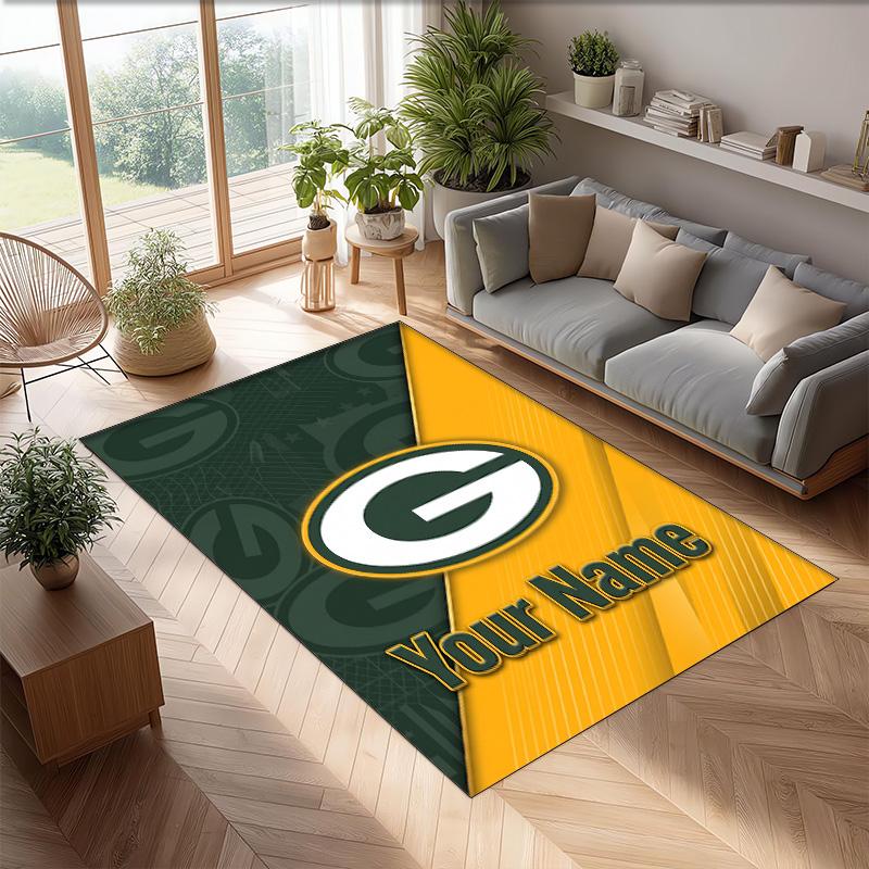 Green Bay Packers Crystal Velvet Rug, Custom Name Text Personalized Non‑Slip Floor Mat for Home Decor Gift