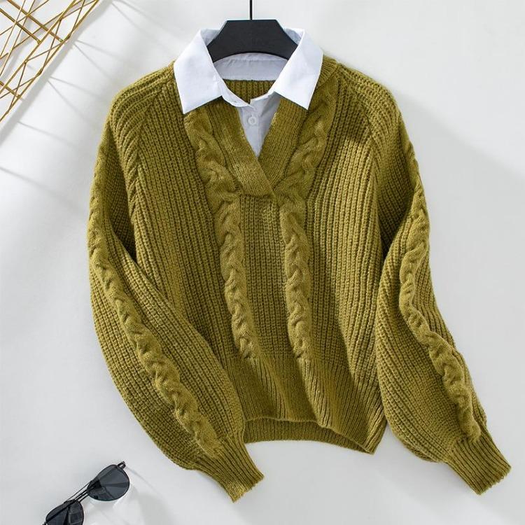 Vintage Knitwear Cardigan Sweater 2 in 1 Loose Long Sleeve Solid Color O Neck Top Autumn Winter