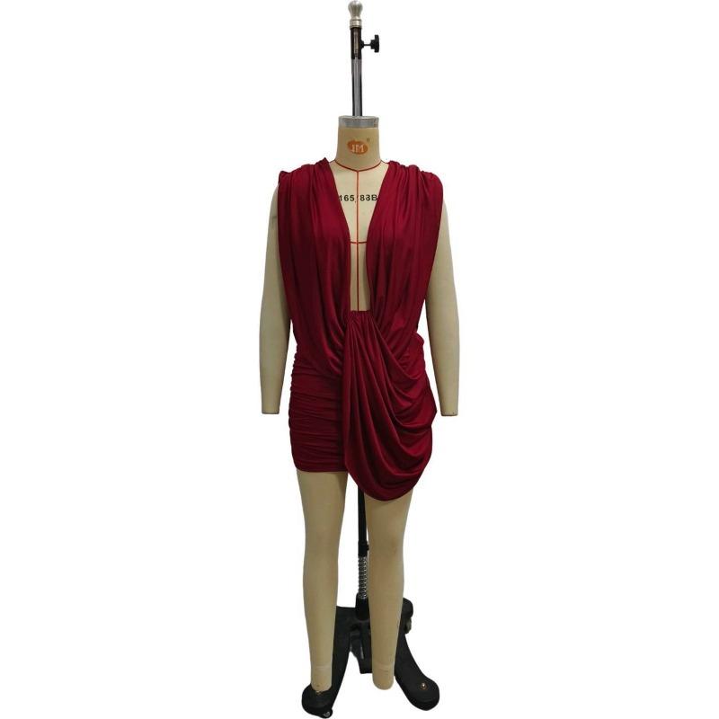 Women S Sexy Deep V Neck Pleated Bodycon Mini Solid Color Dress