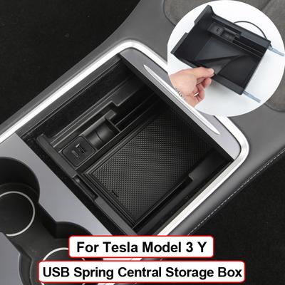 Hidden USB PD Ports Spring Central Console Storage Box For 2023 Tesla Model 3 Model Y Mobile Phone Organizer ABS Flocking Box
