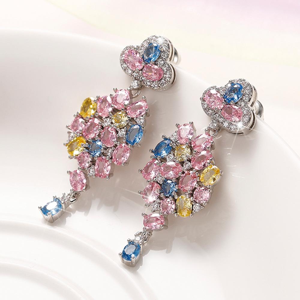Luxurious Colorful Cubic Zircon Earrings For Wedding,Flower CZ Dangle SIlver Needle Earring For Women Pretty