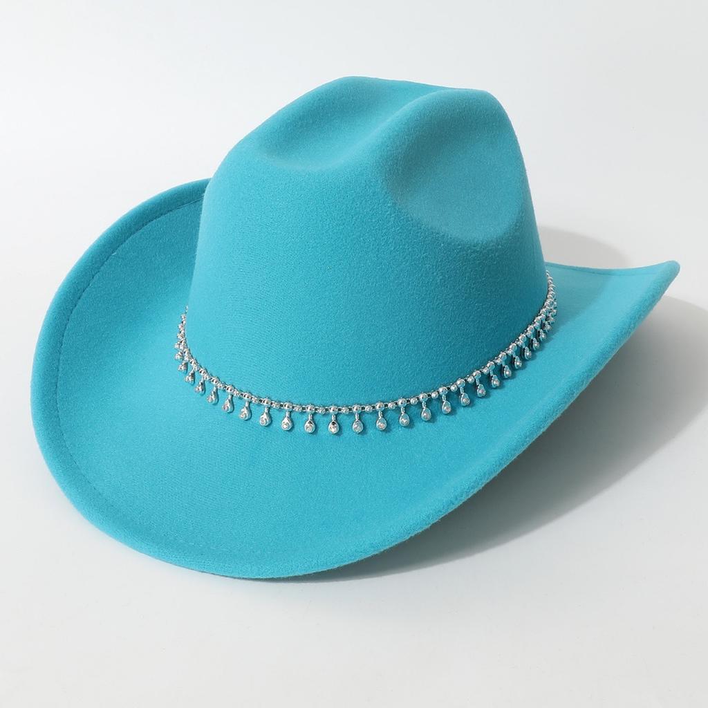 Women's Unisex Western Cowboy Hat with 3D Round Gems, Rhinestones, Rivets, and Chain Decorations, Wedding Party Hat