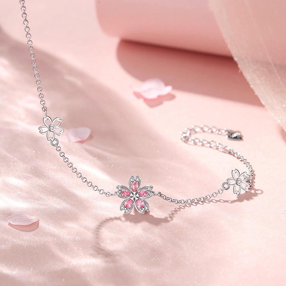 [K.L.Y] Women's Popular Cherry Blossom Necklace, Sterling Silver 925, High-Quality Pink Zirconia, Hypoallergenic, Double Strand Necklace, 18K Pink Gol