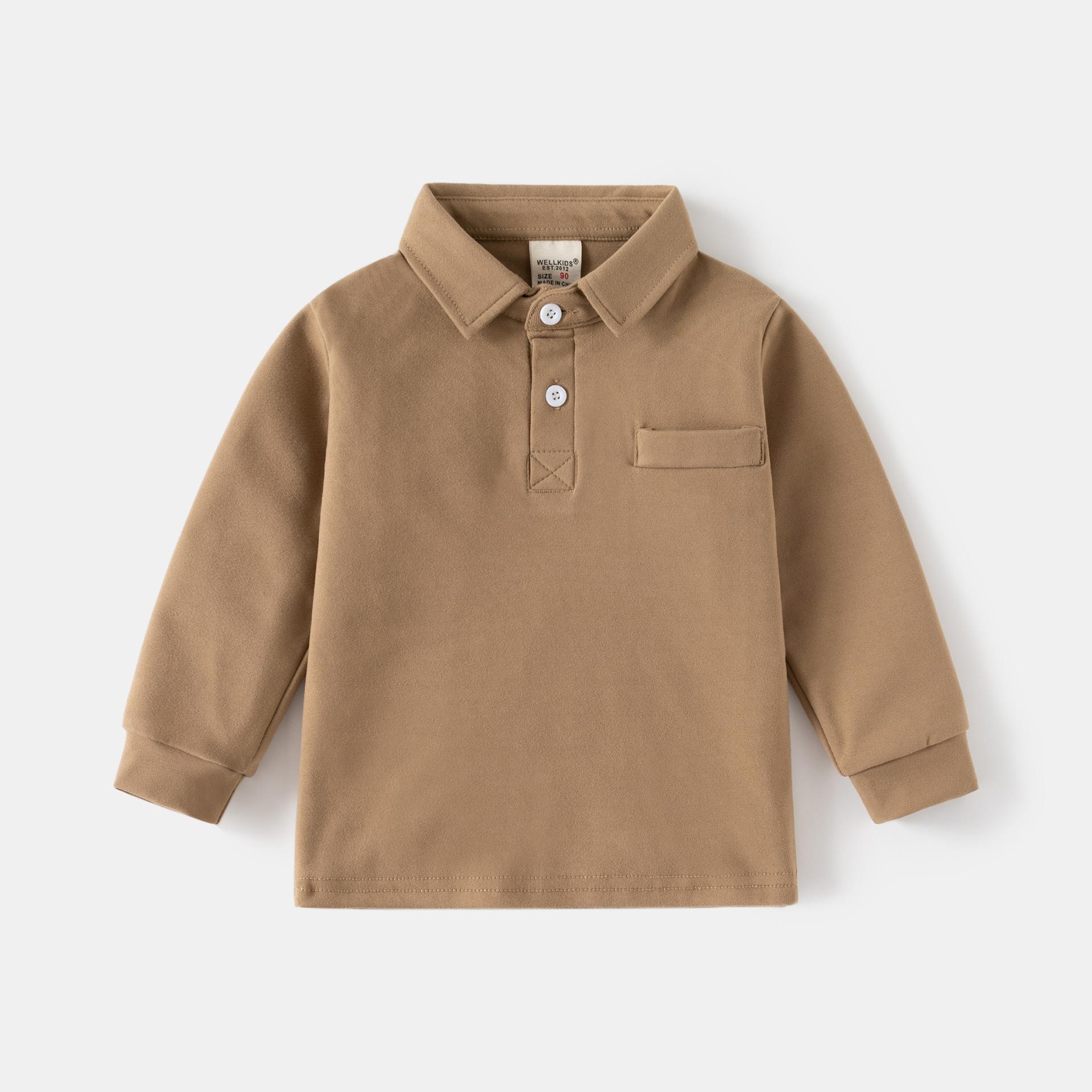 

Детская осенняя рубашка поло с воротником и длинным рукавом, утолщенная, однотонная, минималистичный топ для малышей 90 кофейный