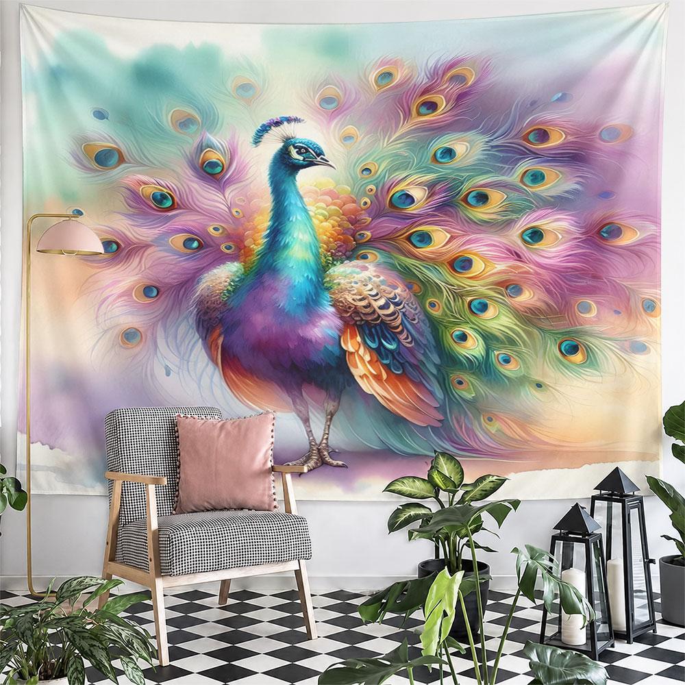Vibrant Rainbow Peacock Design Pattern Wall Hanging Tapestry Decorative Tapestry Home Decor for Bedroom and Living Room