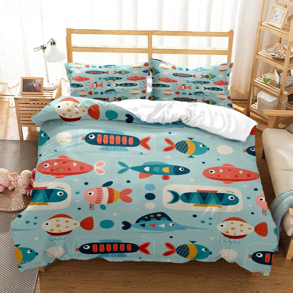 Cartoon Ocean Whale Dolphin Duvet Cover Kids Cute Kawaii Bedding Sets Soft Quilt Cover and Pillowcases Single_Double_Queen_King