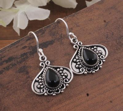 Solid 925 Sterling Silver Black Onyx Gemstone Bohemian Earrings, Wedding Gift Jewelry, Drop Earrings