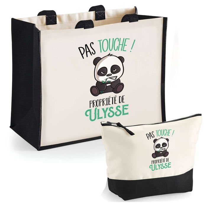 Tote bag - PLANETEE - Duo cabas jute et trousse Ulysse - Pas touche Panda - Personnalisable - Jute & coton 33x42 cm
