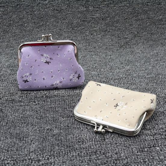 Floral Canvas Coin Purse, Women Change Purse with 2 Compartments, Kiss Lock Closure Pouch for Cash Coins Cards