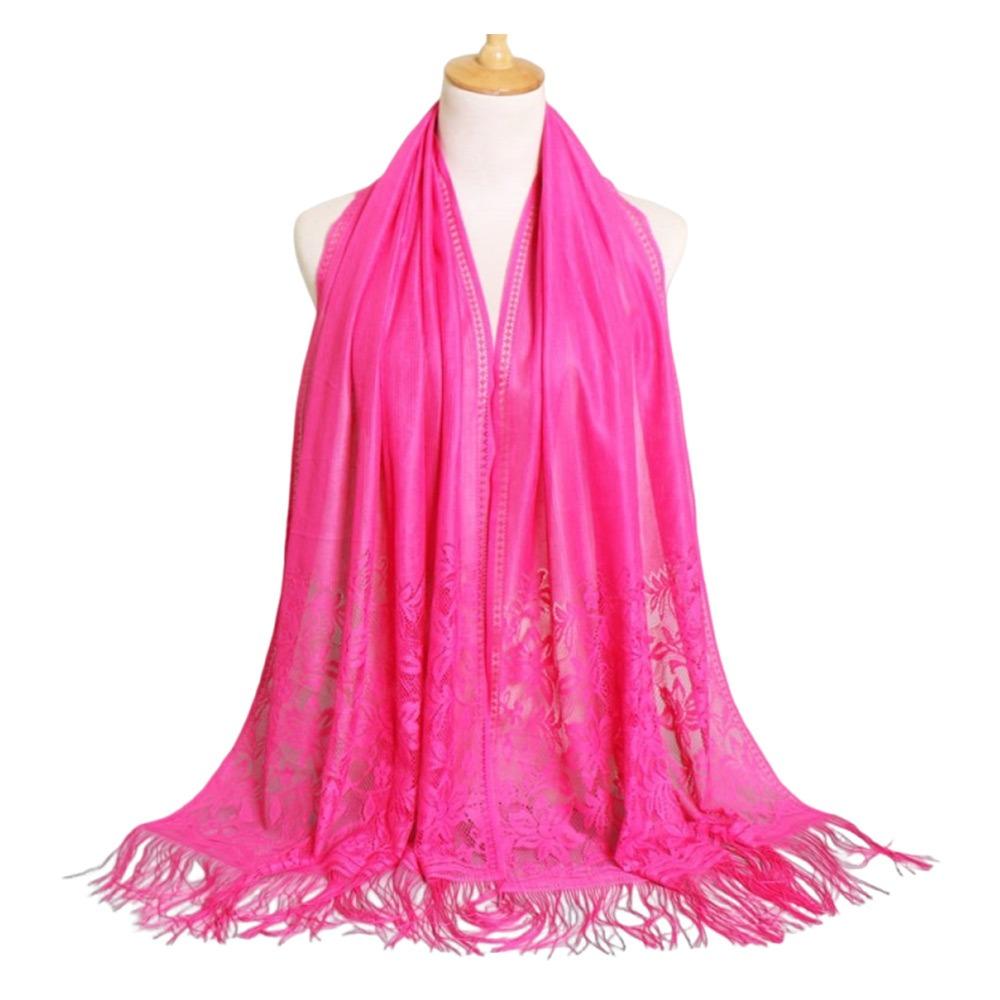 Cross-Border Solid Color Lace Scarf Cotton Blend Muga Silk Hollow Scarf Hollow Design Tassel Trim Mesh Scarf Casual Wear