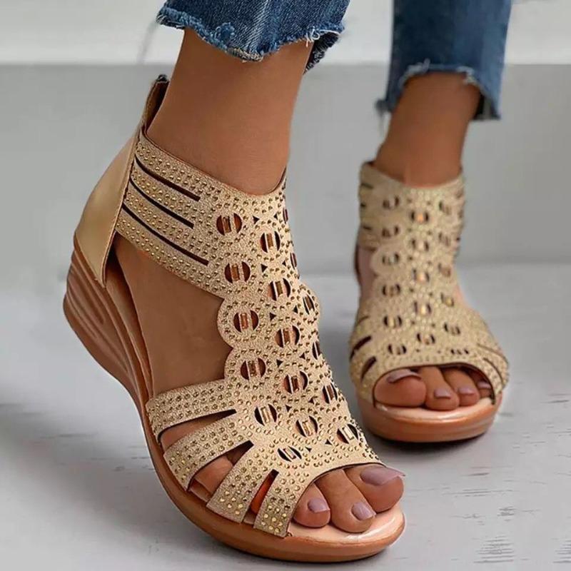 Fish mouth hollow rhinestone wedge heel sandals women's summer new high heels breathable sandals often