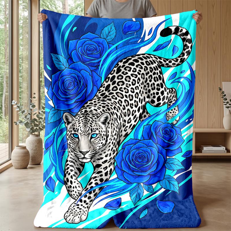 Leopard and Blue Roses Theme blanket Lightweight Warm Flannel Blanket Decorative Throw Blanket for Home Decoration