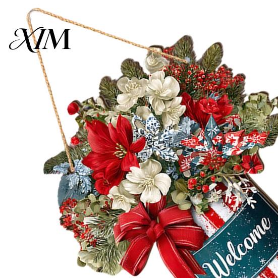 Farmhouse Style Festive Door Sign Christmas Welcome for Front Door, Rustic Wooden Hanging Ornament, Festival Theme Wall Decoration Decor with Lanyard