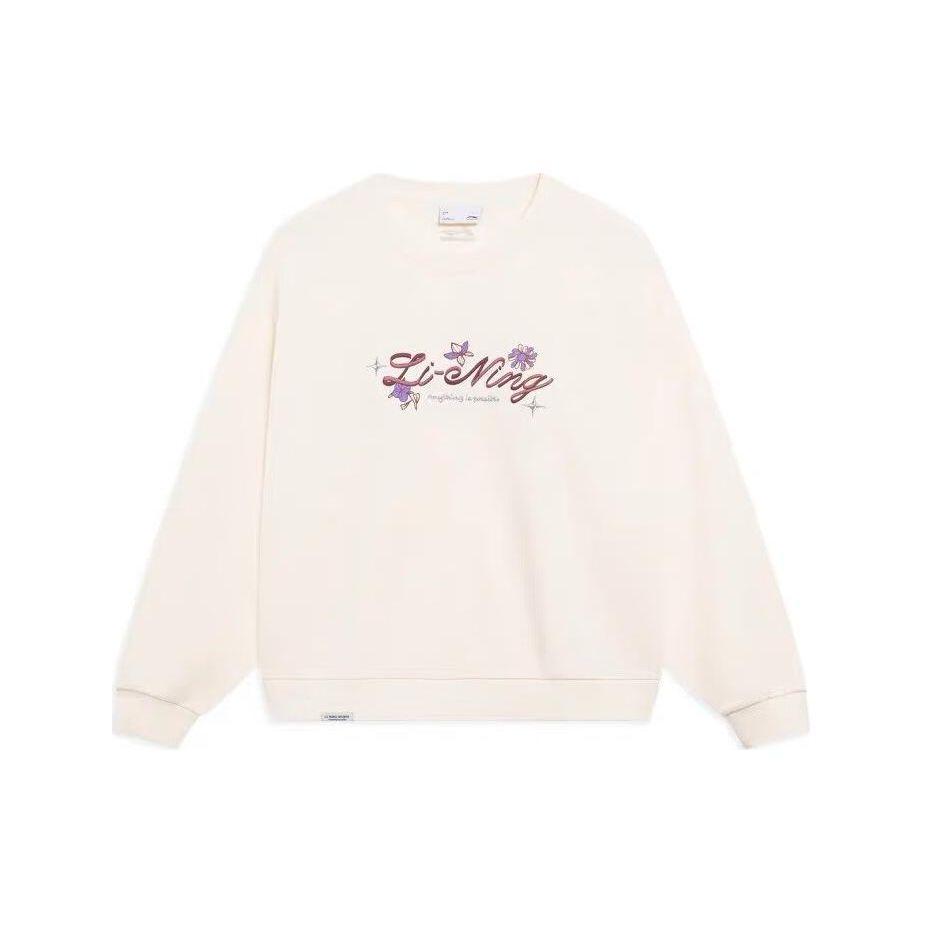 Li Ning Letter Print Pattern Casual Round Neck Pullover Long Sleeve Sweatshirt Women sweatshirt Off-White AWDT186-1