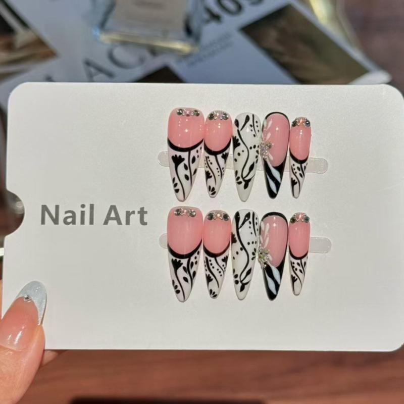 10Pcs Pink & White Press On Nails - Black Floral Line Art & Rhinestone Fake Nails XS
