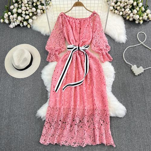 

Женское шикарное женское платье на шнуровке с пышными рукавами Y2k, модное элегантное повседневное вечернее платье с поясом-фонариком, черное платье One Size розовый