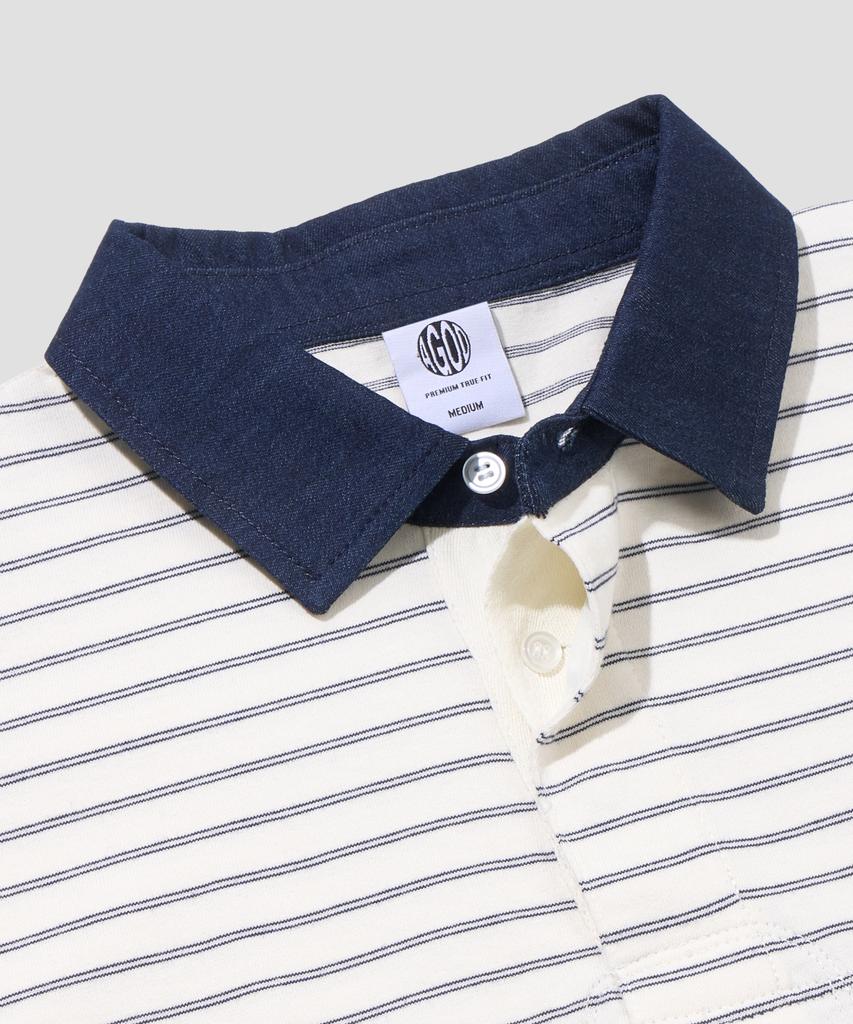 AGOD Contrast Denim Collar Stripe Half T-Shirt [Ivory]