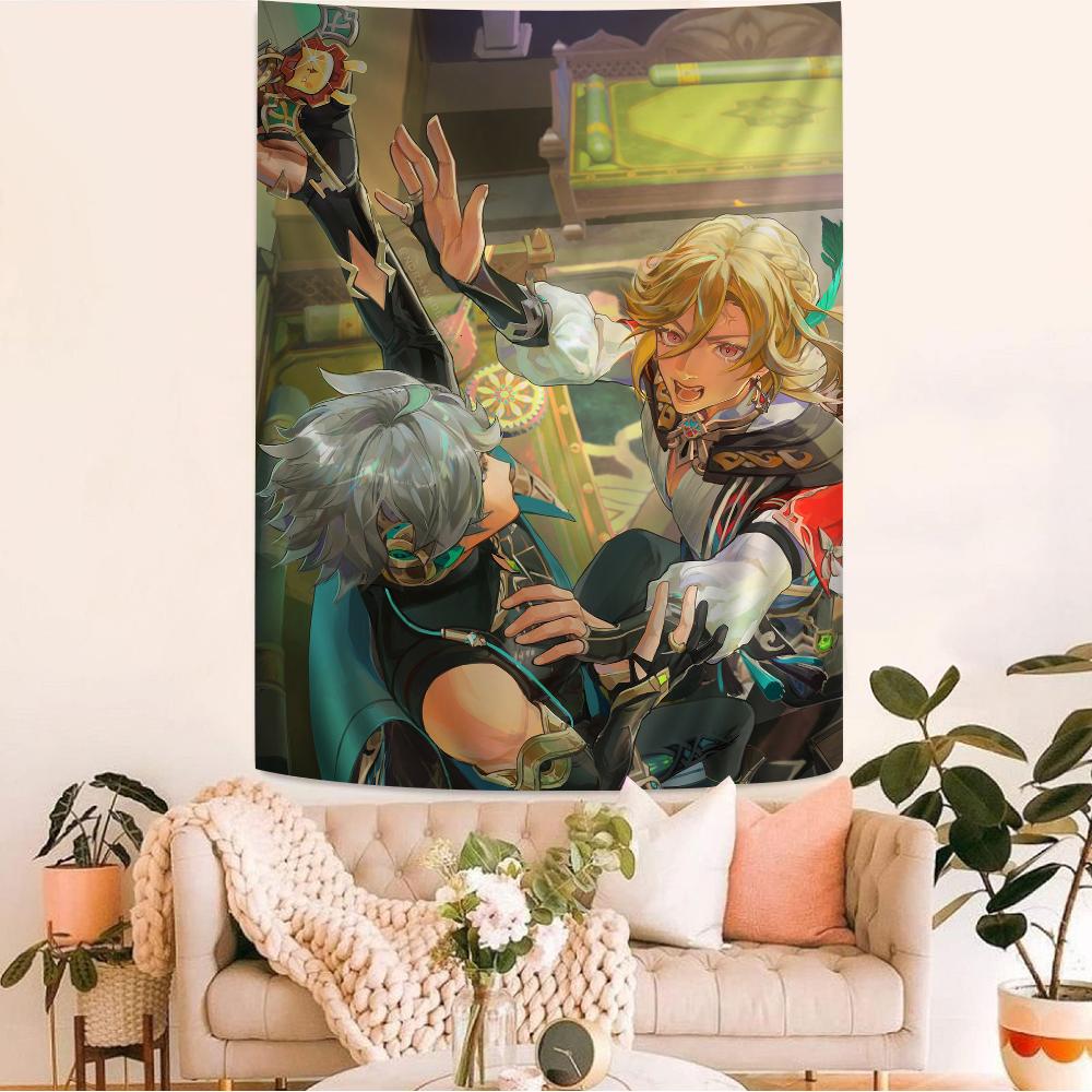 Genshin Impact Kaveh Alhaitham Anime Tapestry Hippie Flower Wall Carpets Dorm Decor Cheap Hippie Wall Hanging