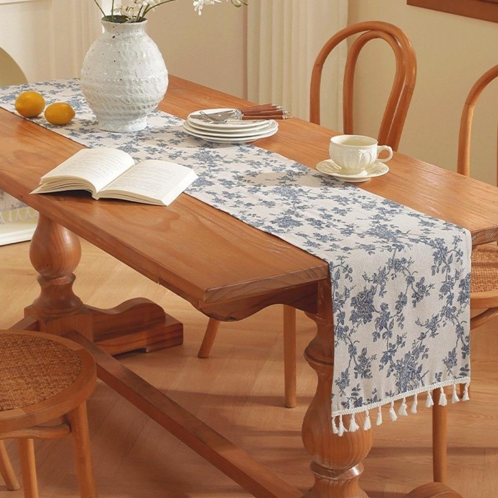 New American Retro Table Runner 30x180 cm Pastoral Style Table Dust Cover Polyester Blue Rose Sideboard Cover Restaurant Decor