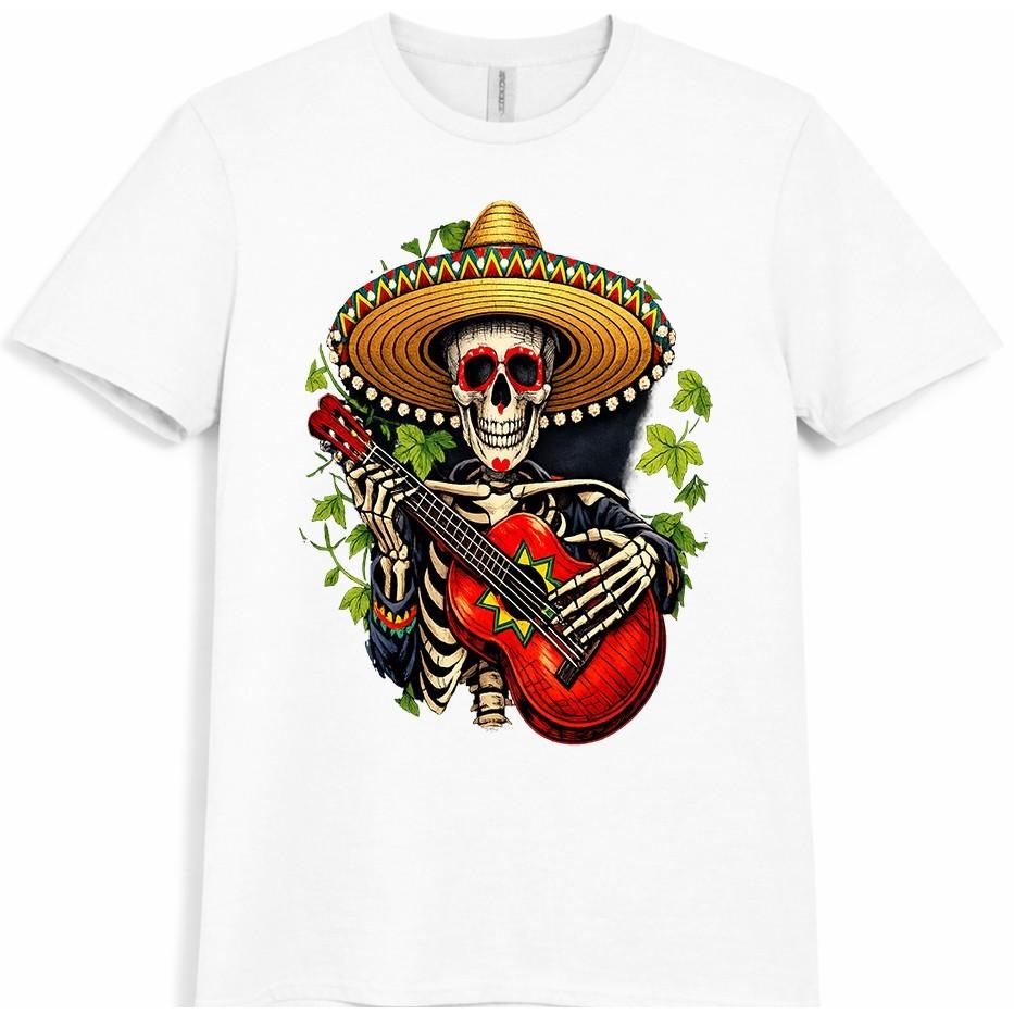 Day Of The Dead T-Shirt Skull Guitar Graphic Tee Mexican Sugar Skull Gift Top