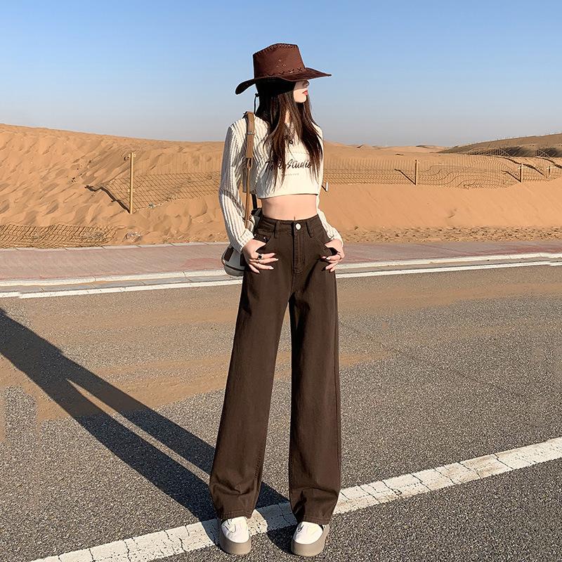 

Snowflake Velvet Dark Coffee High-Waisted Wide-Leg Women s Jeans - Autumn/Winter 2024 Slimming Straight Loose Floor-Length Pants L