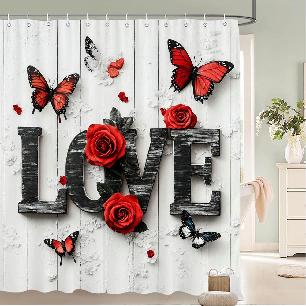 

Watercolor Red Roses Flowers And Butterflies Shower Curtain Bath Curtain Printing Bathroom Curtains For Home Decoration Curtain W60H190(CM)-1 Pcs