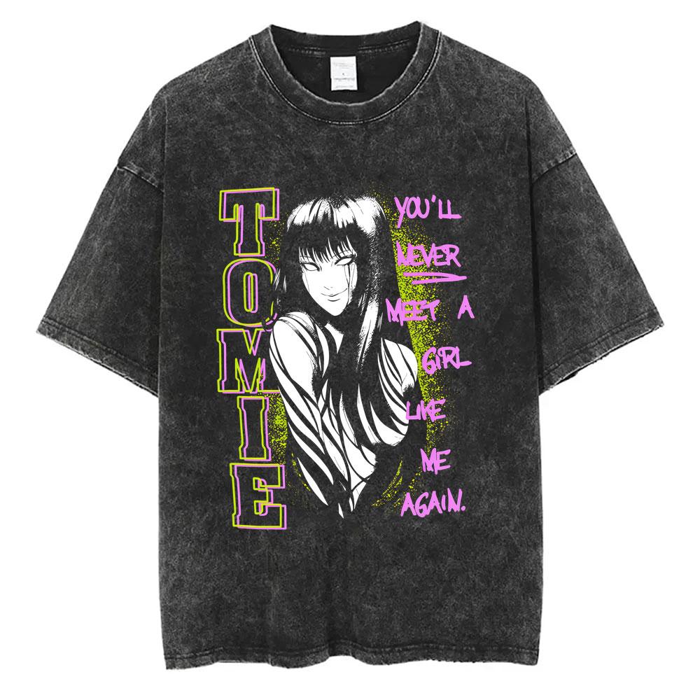 Anime Tomie Junji Ito Vintage Washed T-shirt Men Women Manga Horror Gothic Rock T Shirts Male Retro High Quality Cotton T-shirts
