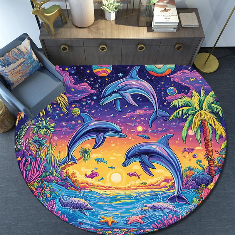 Dolphins Sunset Round Area Rug,Carpet Rug for Living Room Bedroom Sofa Playroom Decor,Non-slip Floor Mat