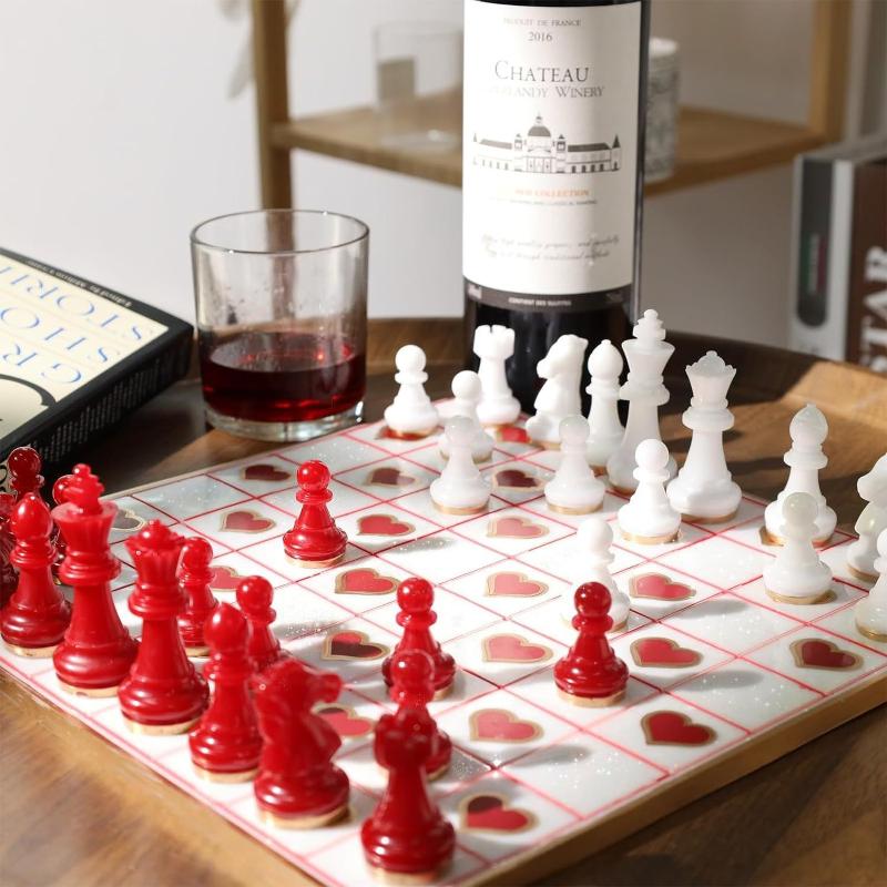 תבנית סט שחמט משרף עם לוח שחמט תבניות שרף סיליקון תבנית שרף שחמט תלת-ממדית ליצירה עצמית מתנה ליום הולדת