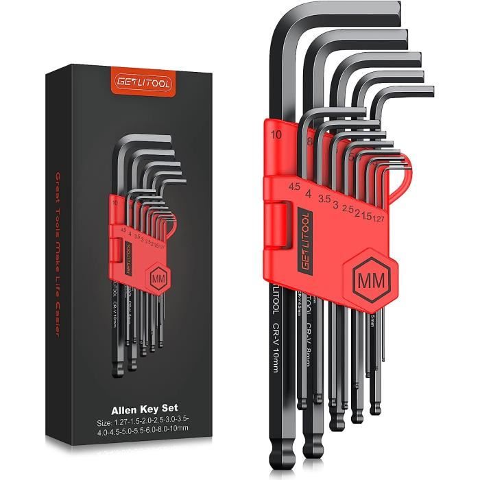 Clés Allen - Getlitool - 13 Métriques - Antirouille - Acier Au 6150 - Bout Sphérique