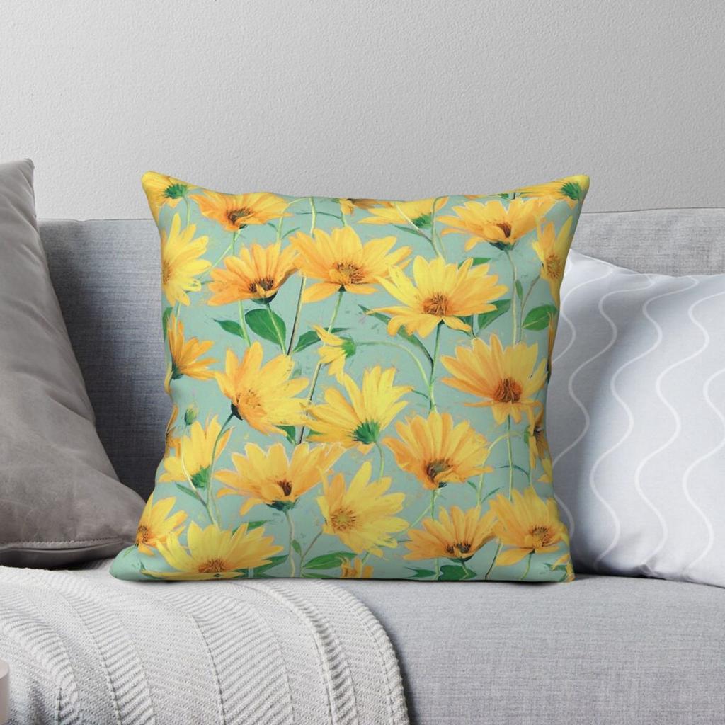 Golden Yellow Daisies Sage Green Pillowcase Polyester Linen Velvet Creative Zip Decorative Throw Pillow Case Sofa Cushion Cover