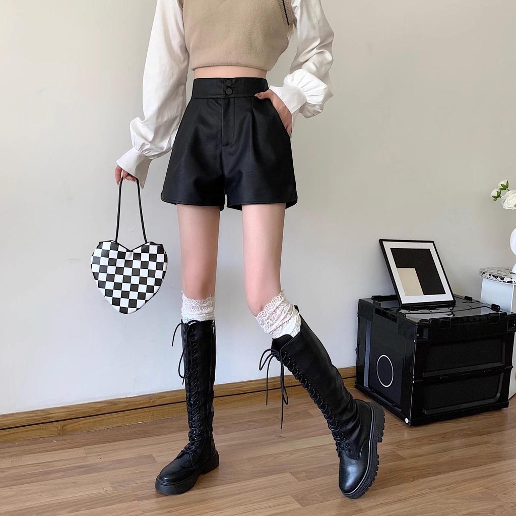 Women's High-Waist PU Leather Shorts, Autumn/Winter 2024, Slim A-Line Brown Wide-Leg Pants, Suitable for Outerwear or Boots.