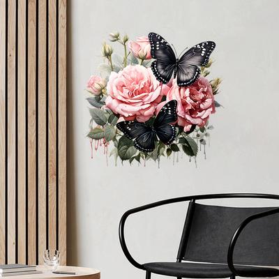Rosa Rose Schwarzer Schmetterling Floral Wandaufkleber Selbstklebend Abziehen und Aufkleben Dekor für Badezimmerschränke Kühlschranktüren Heimdekoration