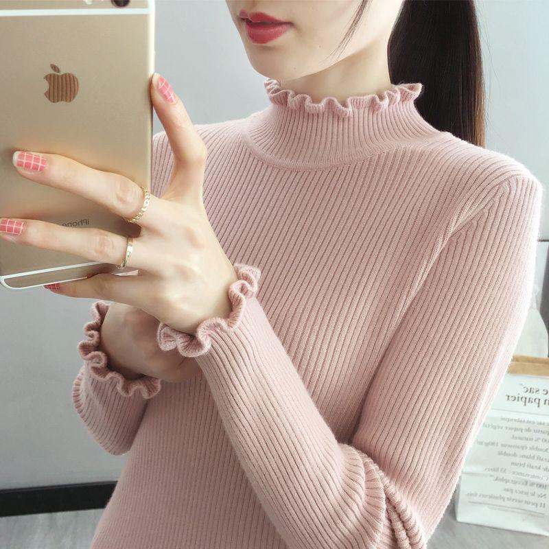 Dámský módní pletený svetr s dlouhým rukávem a rolákem, slim fit