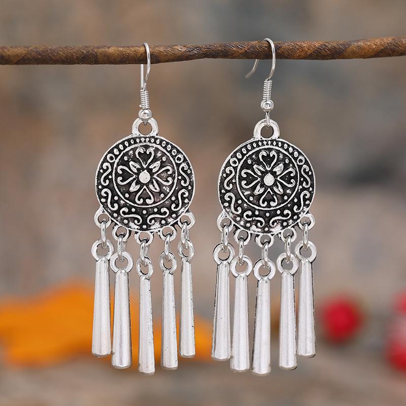 Retro Tibetan silver fringed earrings women's long temperament versatile earrings fashion personality vacation earrings