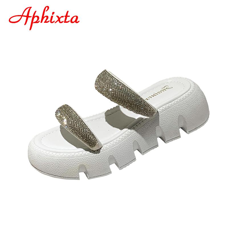 Fashion Aphixta 2025 New Summer Flat Platform Orange Slippers Women Sandals Luxury Crystals Shoes 5cm Chunky Sole Cool Slides