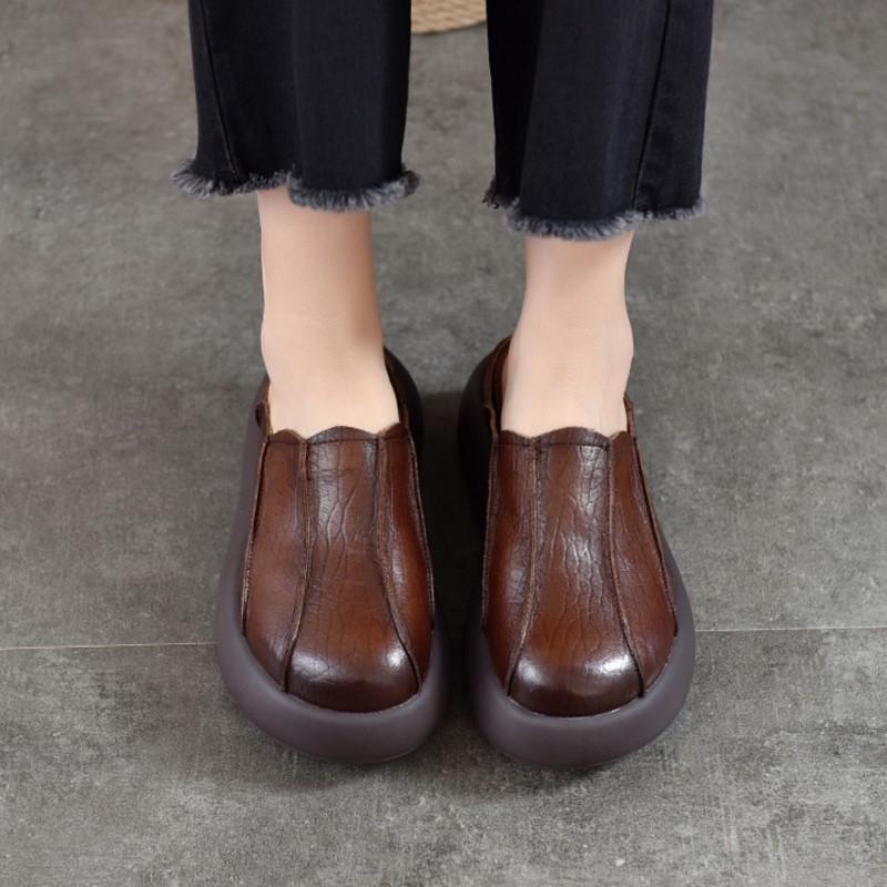 Johnature Vintage Genuine Leather Thick Soled Outdoor Slippers Round Toe Women's Slip-on Shoes