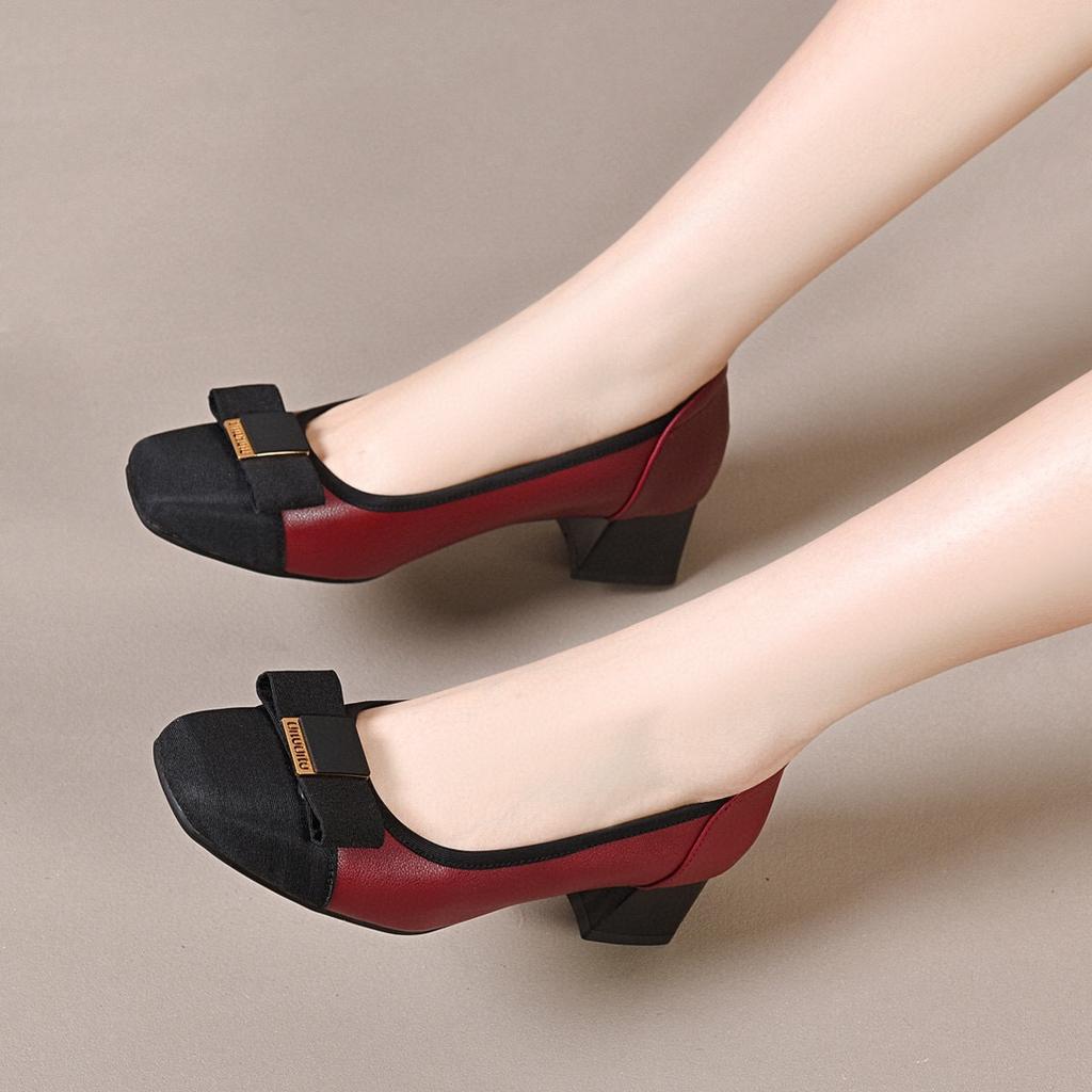 Square Head High Heels Women's New Temperament Cowhide Color Matching Light Mouth Single Shoes Soft Sole Soft Surface Fashion Shoes